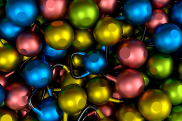 Pile of flying sport equipment sport like rubber kettlebell on multicolored