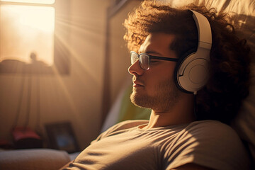 Man immersed in bliss, listening to music with earphones, savoring the soothing sounds and enjoying a moment of pure relaxation.