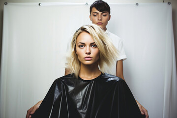 Professional stylist at a contemporary hair salon, dedicated to personalized care and styling for satisfied women clients