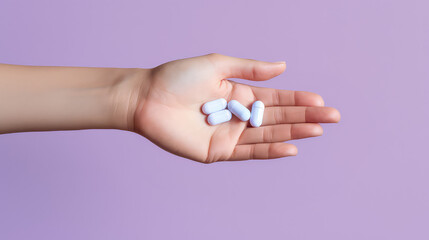 A woman's hand holds medical pills in the palm of her hand and reaches forward. Isolated on flat purple background with copy space. 