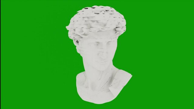 Bust statue cut sliced with surreal rotating movement. Greco Roman sculpture 3d model design. David Michelangelo white head. Modern conceptual art, contemporary art. Green background.