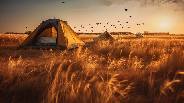 Tent in the desert at sunset 3d render illustration