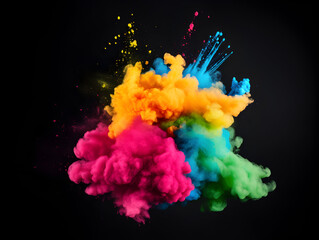 Fototapeta na wymiar Dramatic capture of multiple colorful powders in mid-explosion. Visualize a black or neutral background acting as a canvas, where vivid powders in vibrant reds, electric blues, sunny yellows, emerald 