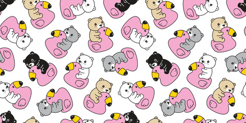 bear polar seamless pattern flamingo swimming ring inflatable duck rubber teddy cartoon doodle vector tile background gift wrapping paper repeat wallpaper scarf isolated illustration design