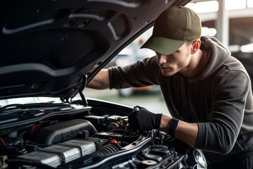Mechanical engineer performs diagnostic checks and expert car repair, showcasing professionalism in the automotive service industry.