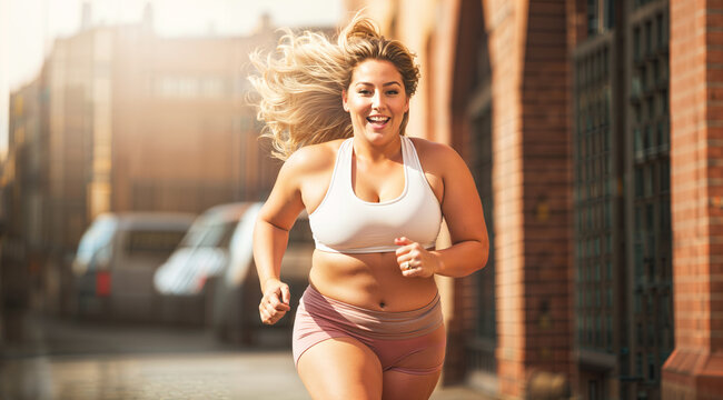 Overweight woman running in the city, fat loss jogging concept, happy, healthy chubby woman, plus size fitness, blond