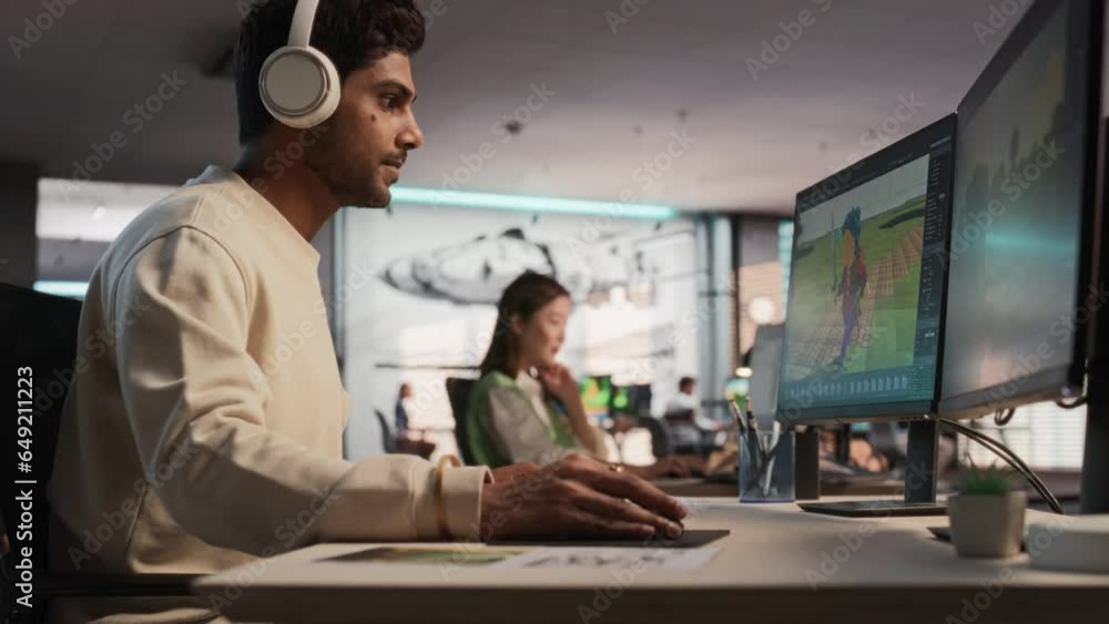 Fototapete Indian Male Game Developer Using Desktop Computer With 3D modelling Software To Design Characters And World For Immersive Adventure Video Game. Man Working In Game Design Company Diverse Office.