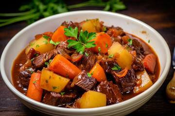 A hearty beef stew, a wholesome dining experience with tender meat, vibrant vegetables, and aromatic parsley. Meal for a satisfying dinner. - obrazy, fototapety, plakaty