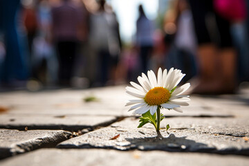 Nature's resilience: A delicate flower breaks through the pavement, symbolizing growth and blossoming amidst the harshness of urban roads. Beauty in nature's persistence - obrazy, fototapety, plakaty