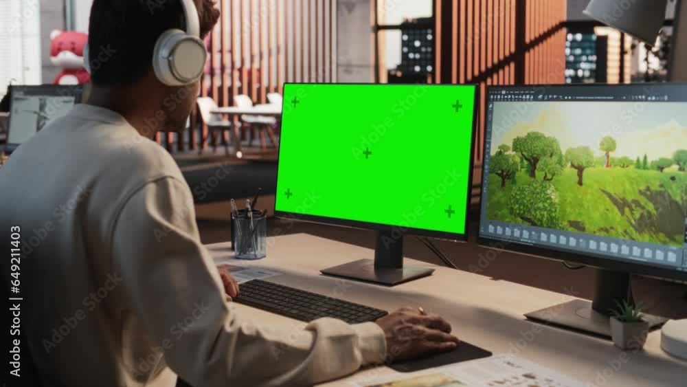 Aufkleber Indian Male Game Designer Using Desktop Computer With Green Screen Chromakey on Display, Designing Immersive World In 3D modelling Software For RPG Video Game. Man Working In Game Development Office