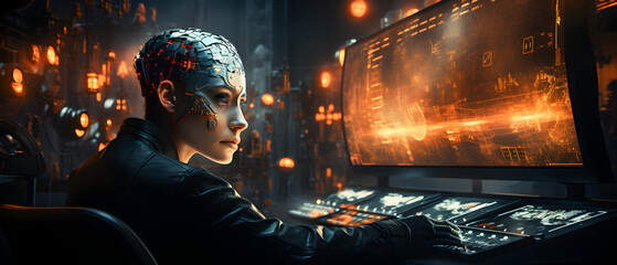Artificial intelligence concept. Futuristic sci-fi AI cyber super computer. Future technology cyberspace. Humanoid cyborg - obrazy, fototapety, plakaty