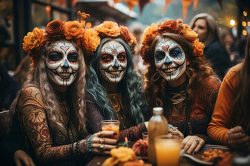 Female with day of the dead makeup, flowers and skull, mexico holiday
