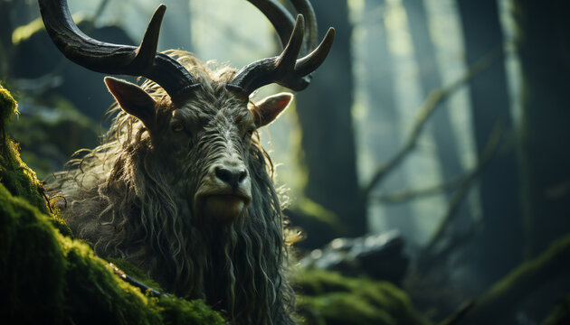 Recreation of a fictitious faun in a enchanted forest, mythological legendary creature of the roman mythology