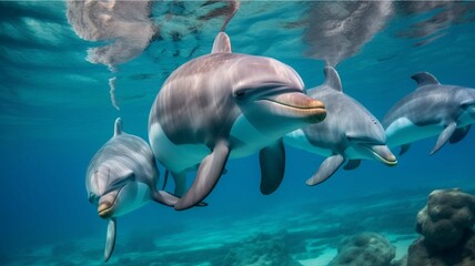 Obraz premium Dolphins swimming over coral reef in the Red Sea. Toned image