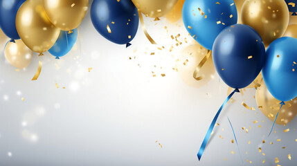 Holiday background with golden and blue balloons. Festive card for birthday party, anniversary, new year, christmas or other events