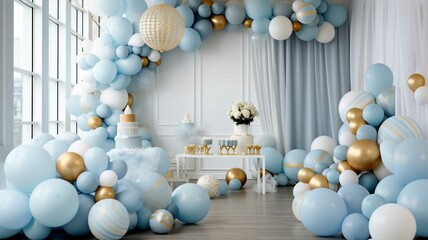Blue and white balloons and cake in the room 3d rendering