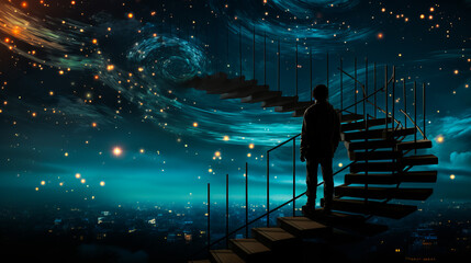 Surreal silhouette of solitary man ascending endless stairs, merging with celestial, starry night - symbolizing transcendence, solitude and cosmic inspiration.