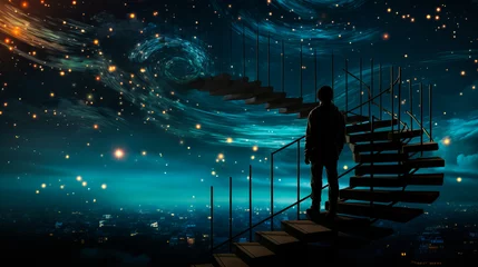 Schilderijen op glas Surreal silhouette of solitary man ascending endless stairs, merging with celestial, starry night - symbolizing transcendence, solitude and cosmic inspiration. © XaMaps
