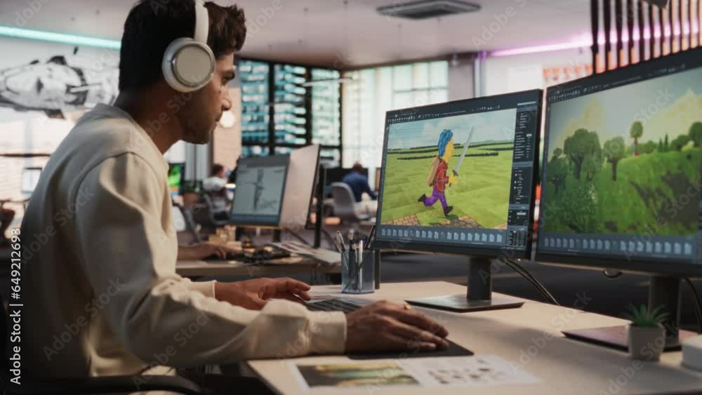 Aufkleber Indian Male Game Designer Using Desktop Computer With 3D modelling Software To Design Characters And World For Immersive Adventure Video Game. Man Working In Game Development Company Diverse Office.