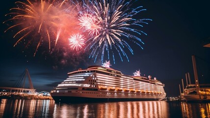 fireworks over the cruise ship - obrazy, fototapety, plakaty