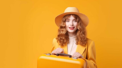 Smiling blonde woman in straw hat pointing with finger at travel bag isolated on yellow