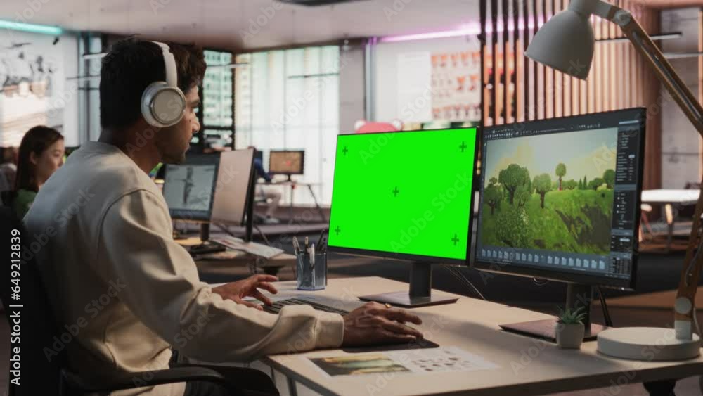 Poster Indian Male Game Designer Using Desktop Computer With Green Screen Chromakey on Display, Designing Immersive World In 3D modelling Software For New Video Game. Man Working In Game Development Office.