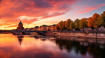 Vibrant landscape at sunset along the Garonne River Rome