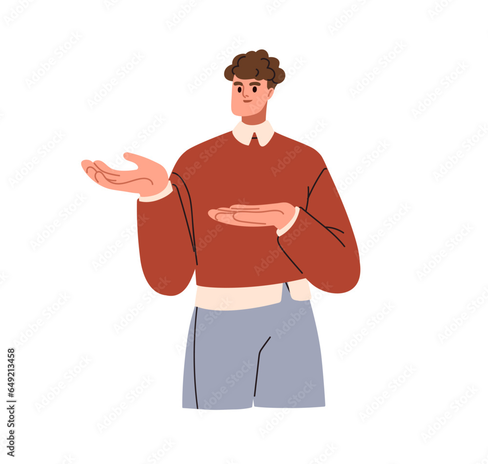 Poster man employee showing, pointing aside, presenting something with hand gesture. businessman presenter 
