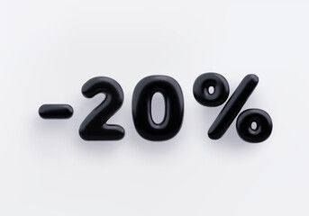 Black 3D discount sign minus 20 percent on a white background. - obrazy, fototapety, plakaty