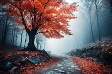 Mysterious forest in the blue autumn mist Charming tree with orange-red leaves, colorful landscape.