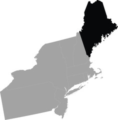 Black Map of US federal state of Maine within the gray map of Northeast region of United States of America