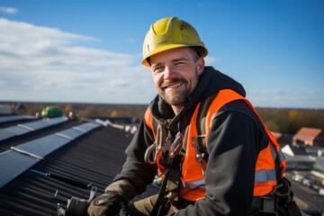 Smile roofing worker sitting, new covering of a tiled rooftop