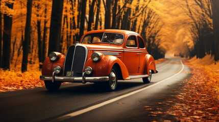Vintage car driving on the road in the autumn forest