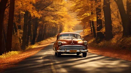 Papier Peint photo Voitures anciennes Vintage car driving on the road in the autumn forest