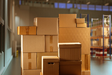 Cardboard boxes. Parcels in industrial building. Courier boxes of different sizes. Boxes for long-term storage. Industrial warehouse with parcels. Multi-tier pallet racks are blurred.