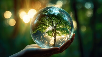 Hand holding a crystal glass sphere with green nature background.