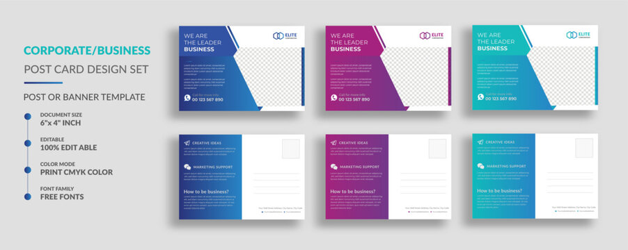 Corporate Postcard Design Template. Corporate Business Marketing Postcard Template Design Bundle Set, Corporate & Business EDDM Postcard promotion, promotional Post Card, Social Media, banner Design.
