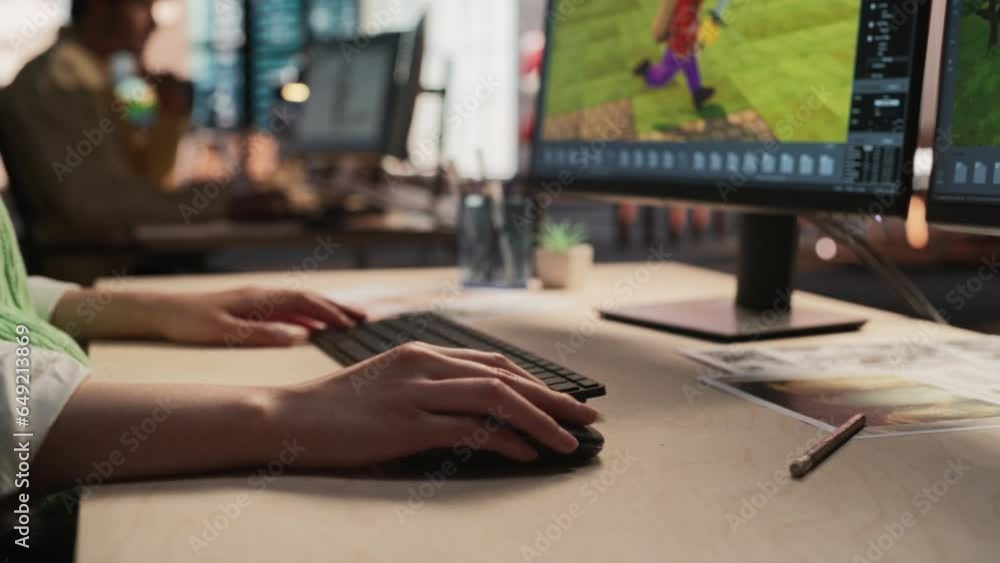 Aufkleber Close Up On Hands Of Female Game Designer Using Desktop Computer, Designing Unique World And Characters In 3D Modeling Software For Survival Video Game. Woman Working In Game Development Studio Office