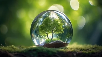 Fotobehang Hand holding a crystal glass sphere with green nature background. © Virtual Art Studio