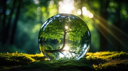 Foto op Plexiglas Hand holding a crystal glass sphere with green nature background. © Virtual Art Studio