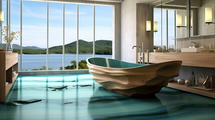 Fototapeta na wymiar Epoxy resin bathtub in the modern bathroom with green designes. Generative AI Technology 