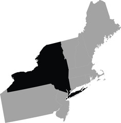 Black Map of US federal state of New York within the gray map of Northeast region of United States of America