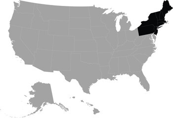 Black Map of US federal states of Northeast region within the gray map of United States of America - obrazy, fototapety, plakaty