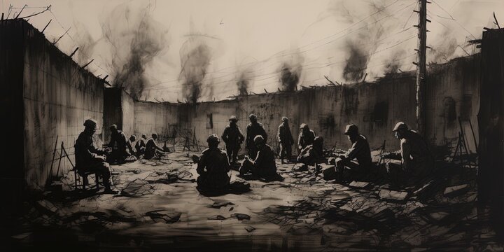 World War II prisoner of war POW camp scene illustration.