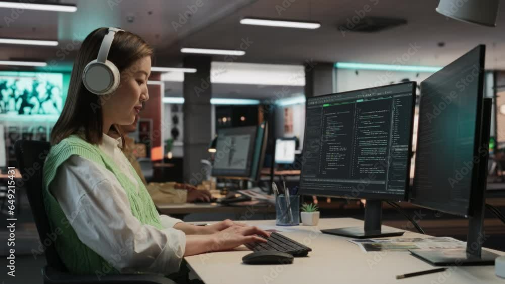Aufkleber Female Asian Game Programmer Coding On Desktop Computer In Game Development Studio Diverse Office. Focused Woman Writes Lines Of Code, Does Gameplay Engineering For New Immersive 3D RPG Video Game.
