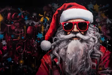 Gordijnen Cool Santa Claus painted in graffiti style. Creative cartoon Christmas and Happy New Year holidays art background. Festive colorful illustration © Alice