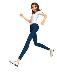 A woman in jeans runs.