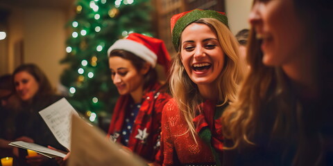 traditional Christmas party with carol singing. Generative AI - obrazy, fototapety, plakaty