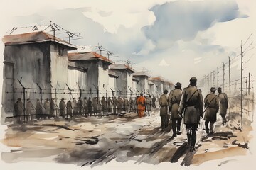 World War II prisoner of war POW camp scene illustration.