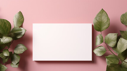 White business cards on a pink background with green